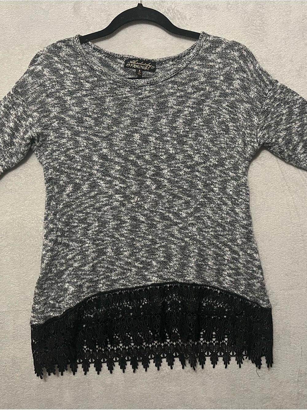 Absolutely Famous Gray Marled Crewneck Sweater with Black Lace Trim